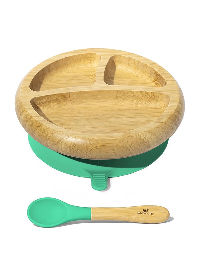 Bamboo Suction Classic Plate With Spoon - Brown/Green