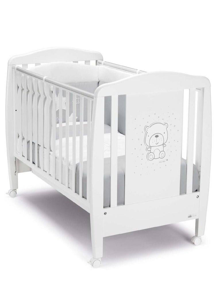 White Crib - Teddy Grey -  Two Position Mattress Base Heights, From 0 To 36 Months, Drawer, Four Castors, Two Of Which Have A Safety Brake, Playard, Baby Bed, Playpen, High Quality Made In Italy