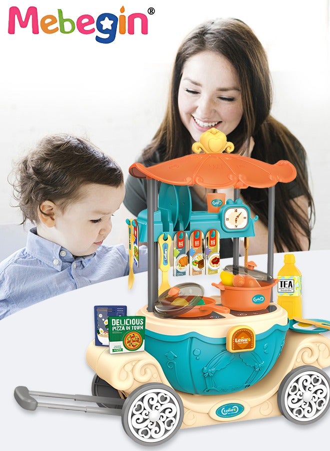 6 In 1 Kitchen Pretend Playset with Pull-rod Pumpkin Cart, Multifunctional Kitchen Accessories Tool Set, Fun Play House Game, Educational Toys for Kids, Ideal Gift for Kids Aged 3+