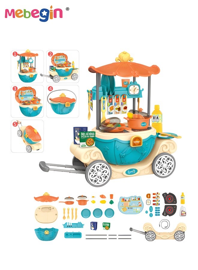 6 In 1 Kitchen Pretend Playset with Pull-rod Pumpkin Cart, Multifunctional Kitchen Accessories Tool Set, Fun Play House Game, Educational Toys for Kids, Ideal Gift for Kids Aged 3+