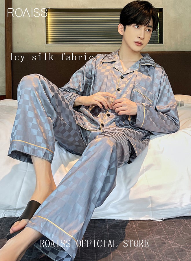 2-Piece Set Men's Long Sleeves Sleepwear Sets Satin Checked Printing Sleepwear Pajamas Pants Silk Nightgown Male Loose Shirts Spring Summer Loungewear Home Clothes