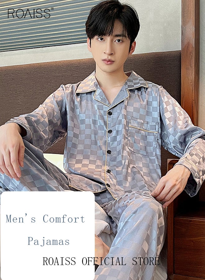 2-Piece Set Men's Long Sleeves Sleepwear Sets Satin Checked Printing Sleepwear Pajamas Pants Silk Nightgown Male Loose Shirts Spring Summer Loungewear Home Clothes