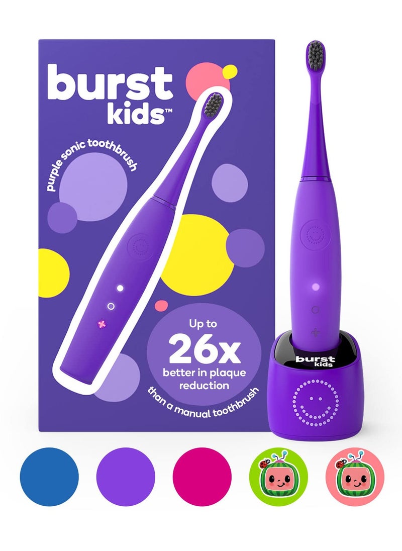 BURSTkids Kids Electric Toothbrush, Soft Bristle Kid & Toddler Toothbrush, 2-Minute Timer, Rechargeable Battery, Easy-Grip Silicone Handle, 2 Brush Modes for Healthy Smiles, Ages 3+, Purple