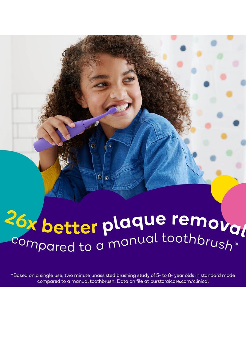 BURSTkids Kids Electric Toothbrush, Soft Bristle Kid & Toddler Toothbrush, 2-Minute Timer, Rechargeable Battery, Easy-Grip Silicone Handle, 2 Brush Modes for Healthy Smiles, Ages 3+, Purple