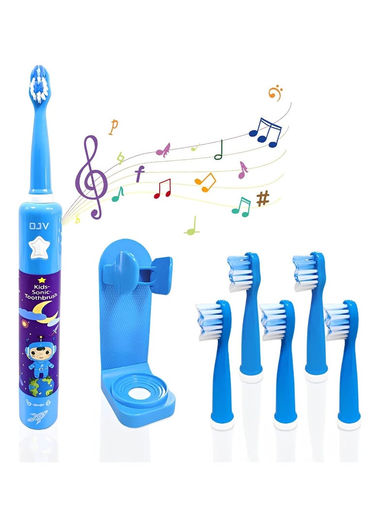 OJV 8620 Musical Electric Toothbrushes for Kids Children, 3 Modes 2 Min Timer, 6 Bristles Rechargeable Power Smart Sonic Music Play Song Toothbrush for Girls Age 3-14 with Wall Mounted Holder (Blue)