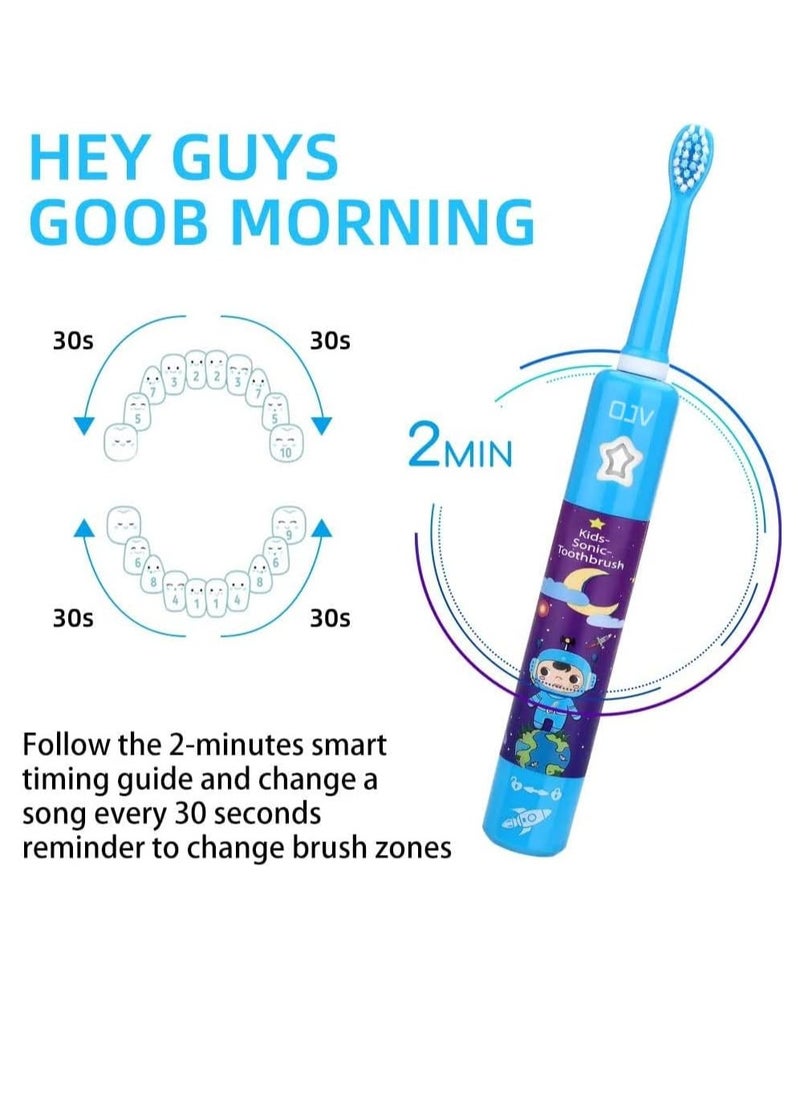 OJV 8620 Musical Electric Toothbrushes for Kids Children, 3 Modes 2 Min Timer, 6 Bristles Rechargeable Power Smart Sonic Music Play Song Toothbrush for Girls Age 3-14 with Wall Mounted Holder (Blue)