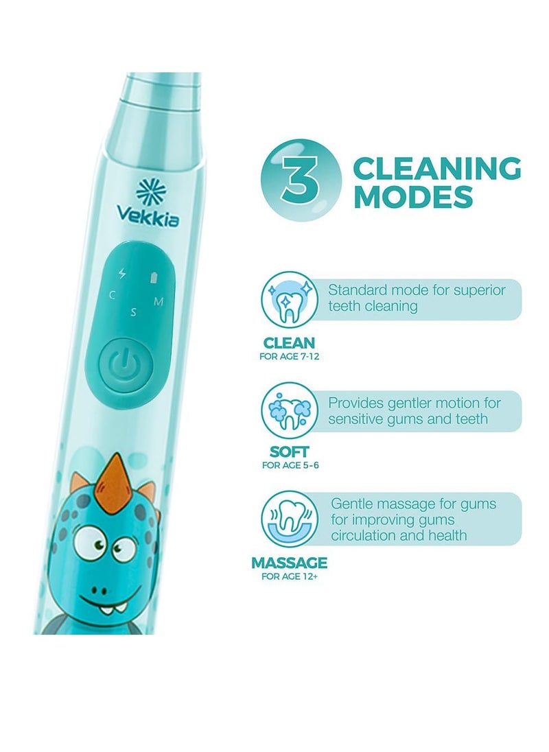 Vekkia Sonic Rechargeable Kids Electric Toothbrush, 3 Modes with Memory, Fun & Easy Cleaning, 24000 Strokes, IPX7 Waterproof, 2-Min Timer for Age 5+, 4 Soft Bristles(Blue)