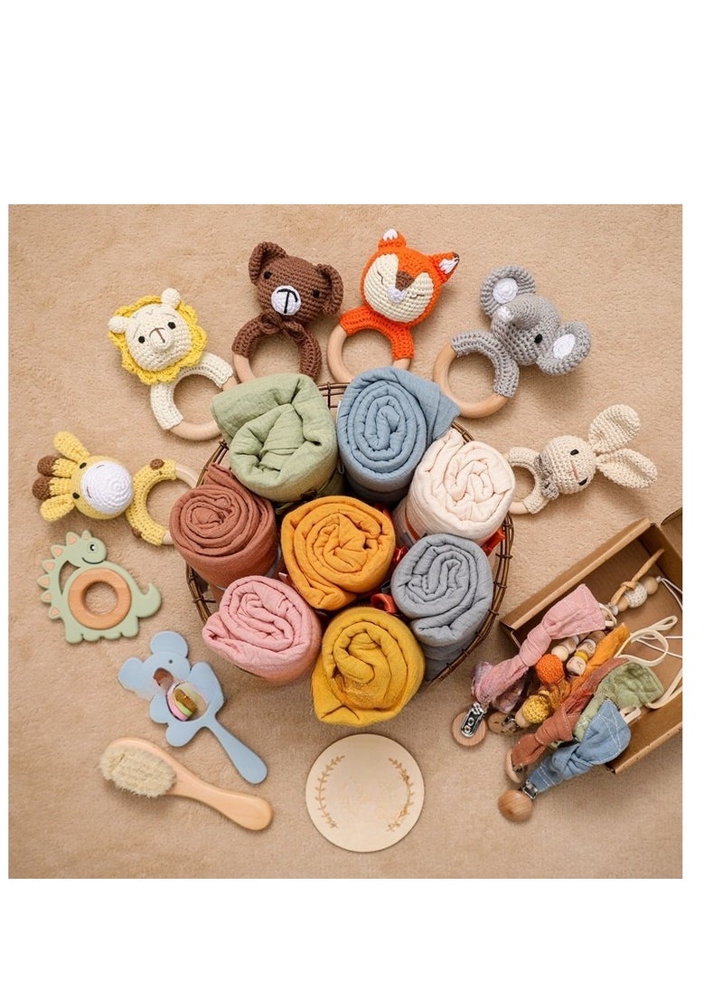 Baby Cloth Nipple Chain Set - Newborn Birth Gift Box - Bath Set - Chew Animal Bell Toy