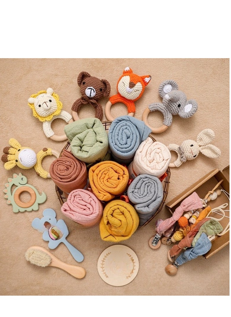 Baby Cloth Nipple Chain Set - Newborn Birth Gift Box - Bath Set - Chew Animal Bell Toy