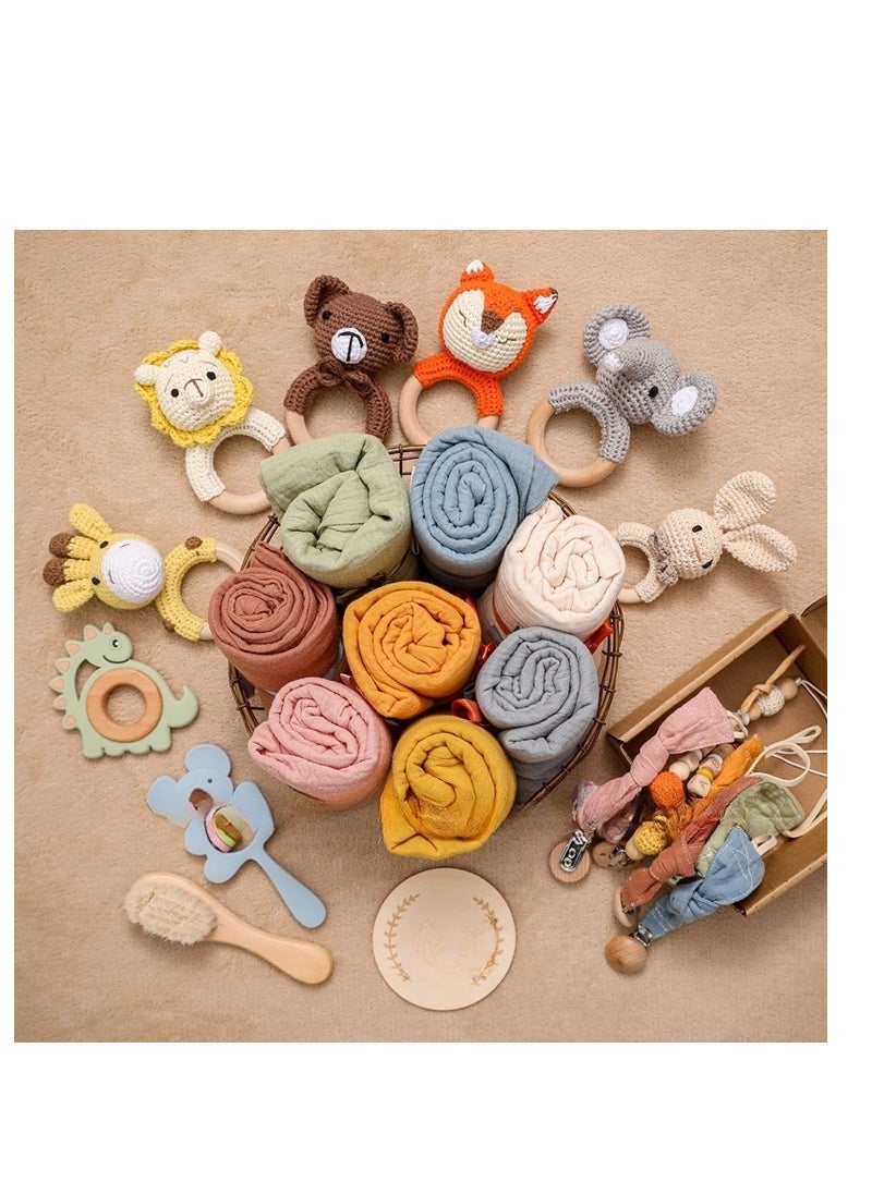 Baby Cloth Nipple Chain Set - Newborn Birth Gift Box - Bath Set - Chew Animal Bell Toy