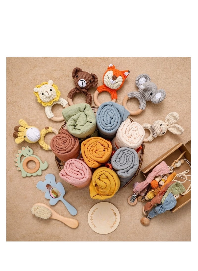 Baby Cloth Nipple Chain Set - Newborn Birth Gift Box - Bath Set - Chew Animal Bell Toy