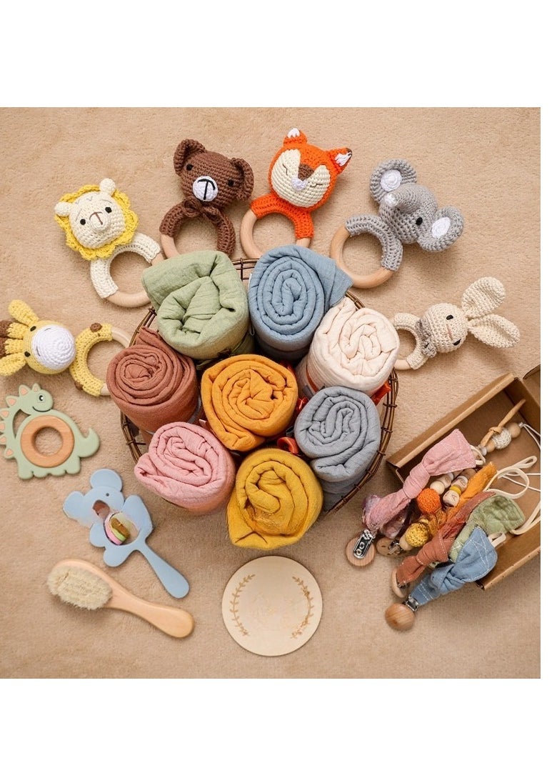 Baby Cloth Nipple Chain Set - Newborn Birth Gift Box - Bath Set - Chew Animal Bell Toy