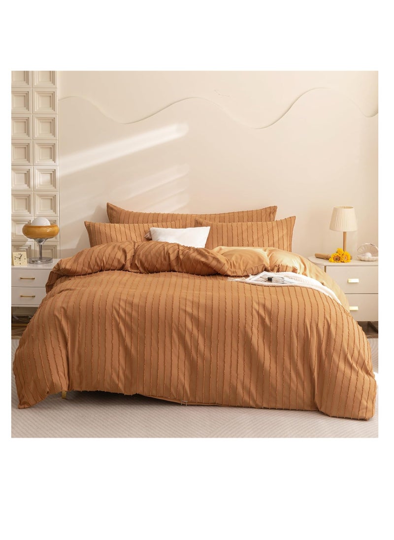 JELLYMONI Rust Duvet Cover King Size - 3PCS Microfiber Tufted Duvet Cover Set, Boho Striped Tufted Textured Duvet Cover with Corner Ties & Zipper Closure