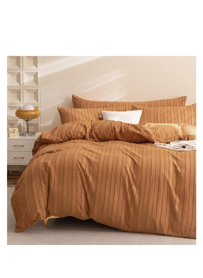 JELLYMONI Rust Duvet Cover King Size - 3PCS Microfiber Tufted Duvet Cover Set, Boho Striped Tufted Textured Duvet Cover with Corner Ties & Zipper Closure