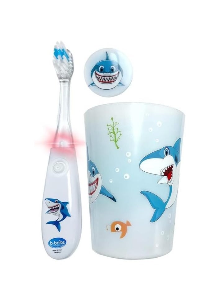 Lily's Home Kids Flashing Timer Toothbrush Kids with Soft Bristles, Rising Cup & Cover - Fun 2-Min Light-Up Brushing for Children - Toddler Toothbrush Soft Toothbrush Kit (Shark)