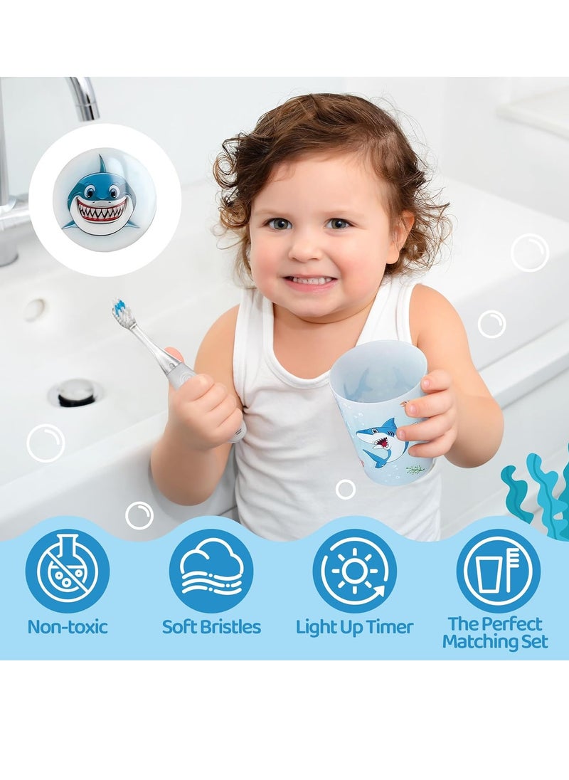 Lily's Home Kids Flashing Timer Toothbrush Kids with Soft Bristles, Rising Cup & Cover - Fun 2-Min Light-Up Brushing for Children - Toddler Toothbrush Soft Toothbrush Kit (Shark)