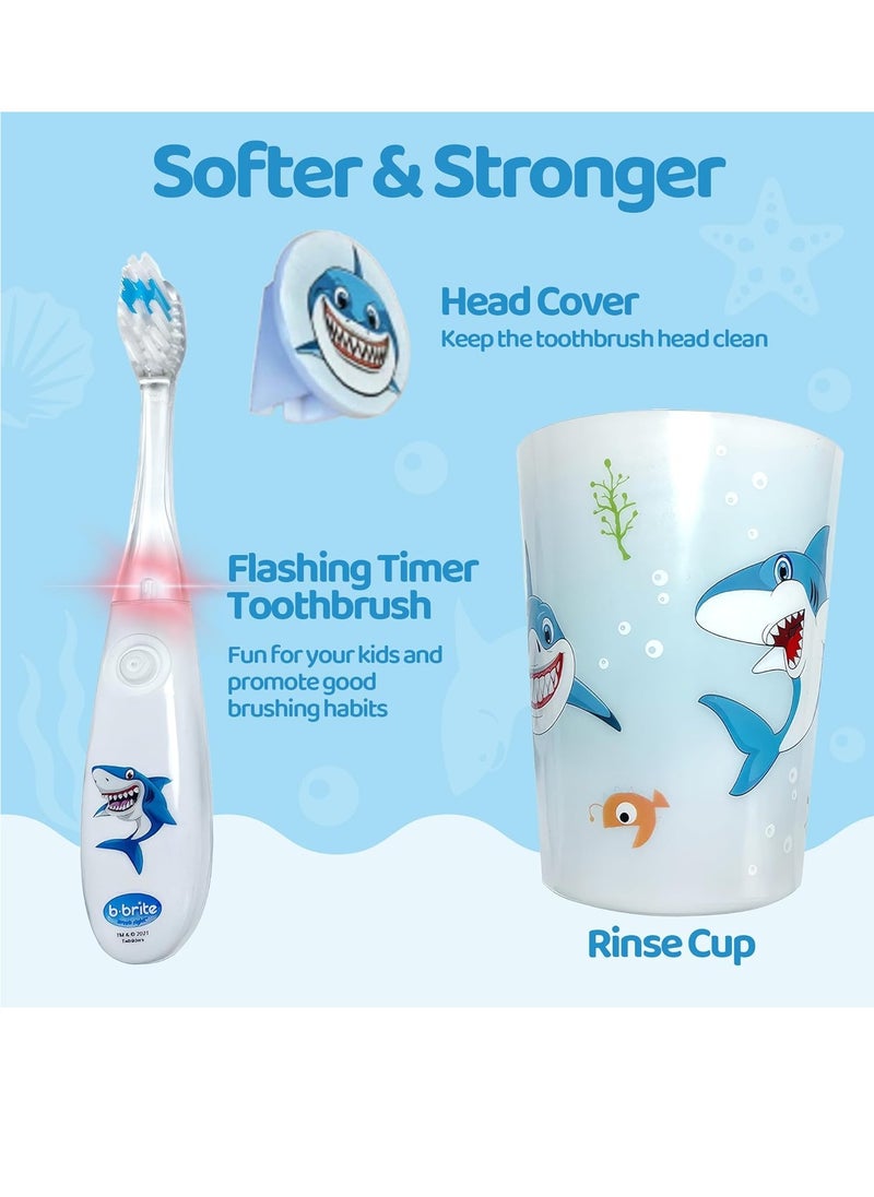 Lily's Home Kids Flashing Timer Toothbrush Kids with Soft Bristles, Rising Cup & Cover - Fun 2-Min Light-Up Brushing for Children - Toddler Toothbrush Soft Toothbrush Kit (Shark)