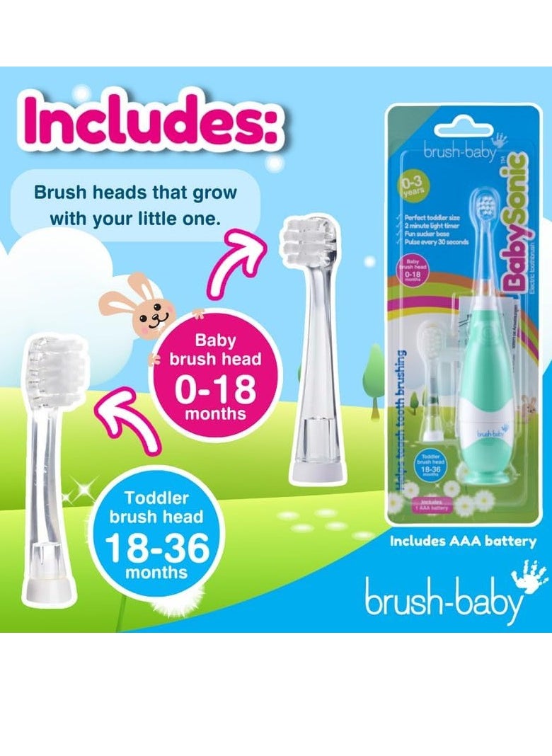 brush-baby BabySonic Infant and Toddler Electric Toothbrush for Ages 0-3 Years - Smart LED Timer and Gentle Vibration Provide a Fun Brushing Experience - Includes 2 Sensitive Brush Heads (Teal)