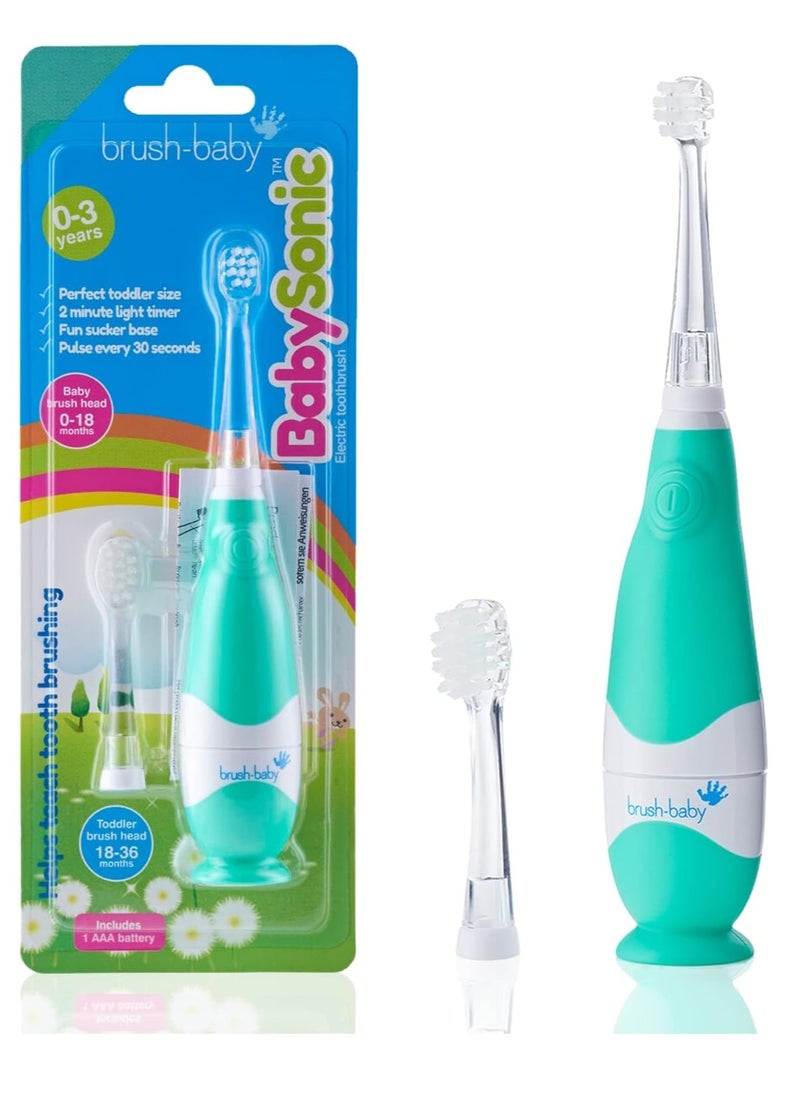 brush-baby BabySonic Infant and Toddler Electric Toothbrush for Ages 0-3 Years - Smart LED Timer and Gentle Vibration Provide a Fun Brushing Experience - Includes 2 Sensitive Brush Heads (Teal)