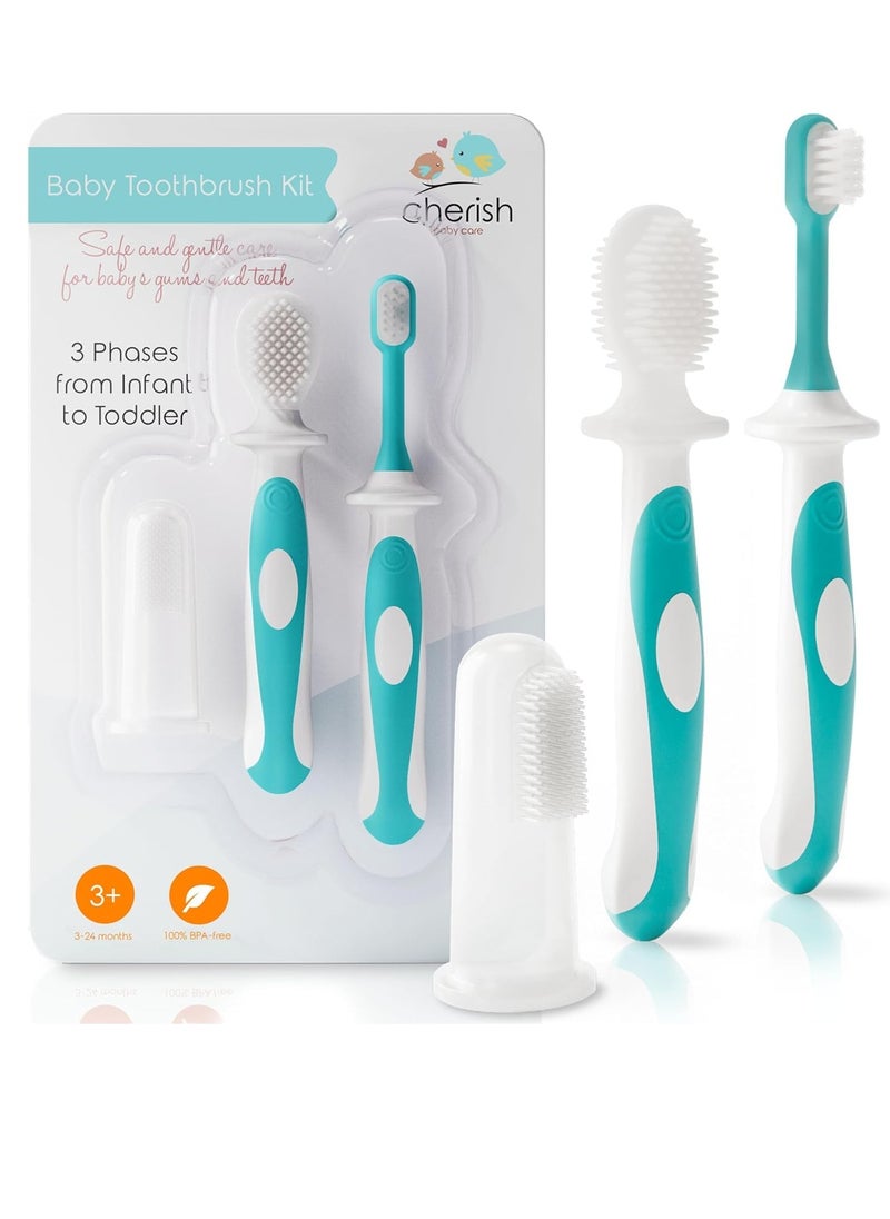 Cherish Baby Care Award-Winning Baby Toothbrush Set (3-24 Months) - Baby Finger Toothbrush, Training Toothbrush & Toddler Toothbrush - BPA-Free Infant Toothbrush Set, Baby First Toothbrush Set (Teal)