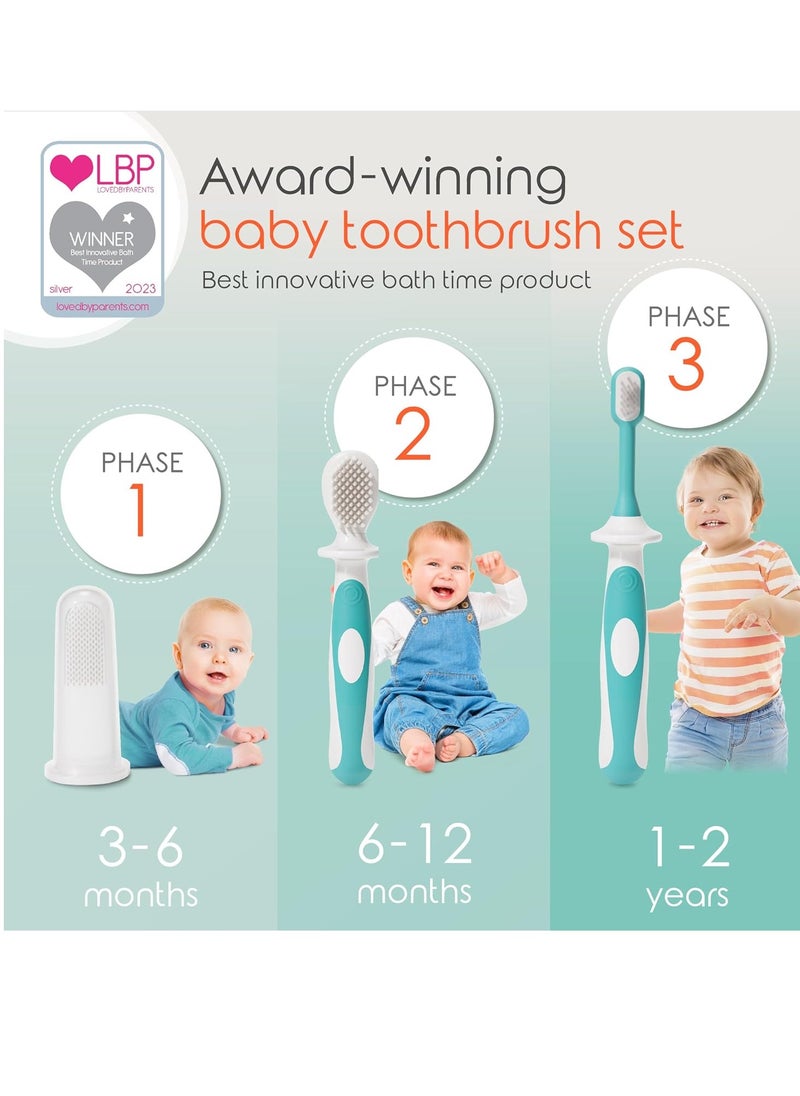 Cherish Baby Care Award-Winning Baby Toothbrush Set (3-24 Months) - Baby Finger Toothbrush, Training Toothbrush & Toddler Toothbrush - BPA-Free Infant Toothbrush Set, Baby First Toothbrush Set (Teal)