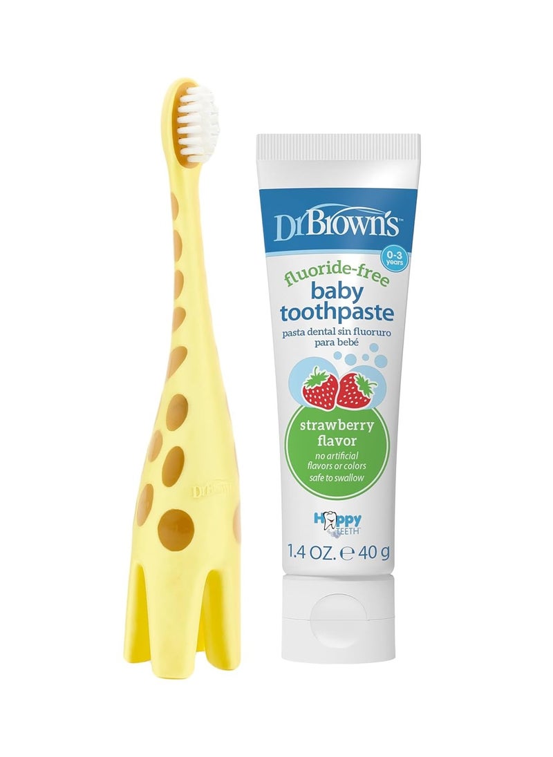 Dr. Brown's Infant-to-Toddler Training Toothbrush Set with Fluoride-Free Baby Toothpaste, Strawberry - Giraffe - 1.4oz - 0-3 years