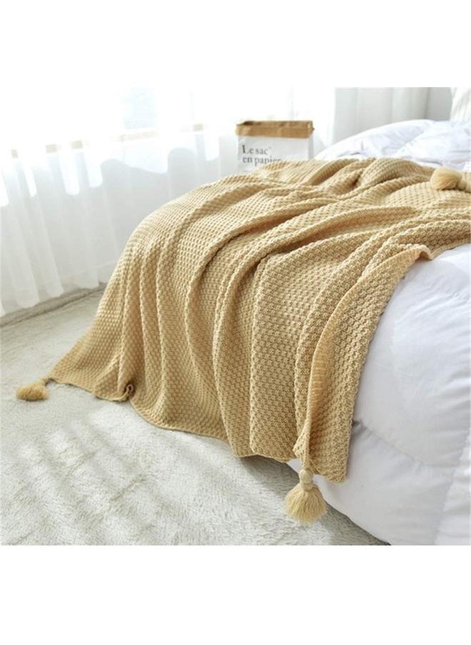 Tassel Design Warm Blanket Polyester Beige 130x170cm,Throw Blanket Ultra Soft Natural Premium for Couch Sofa Bed with Handmade Tassels for Couch Chairs Bed Beach Sofa Picnic