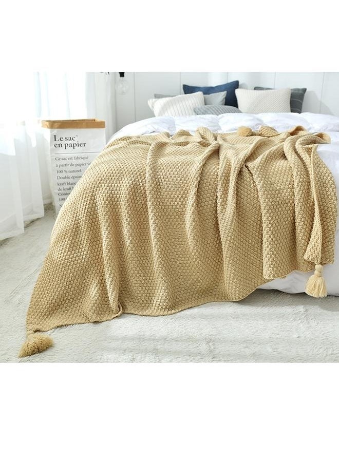 Tassel Design Warm Blanket Polyester Beige 130x170cm,Throw Blanket Ultra Soft Natural Premium for Couch Sofa Bed with Handmade Tassels for Couch Chairs Bed Beach Sofa Picnic