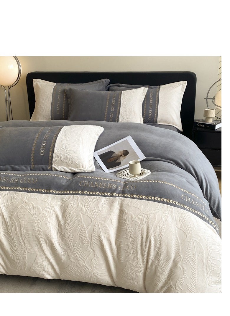 Fitted Sheet Style — ﻿ Carved Velvet Cloth Embroidered Wide Edge Milk Velvet Four Piece Bedding Set