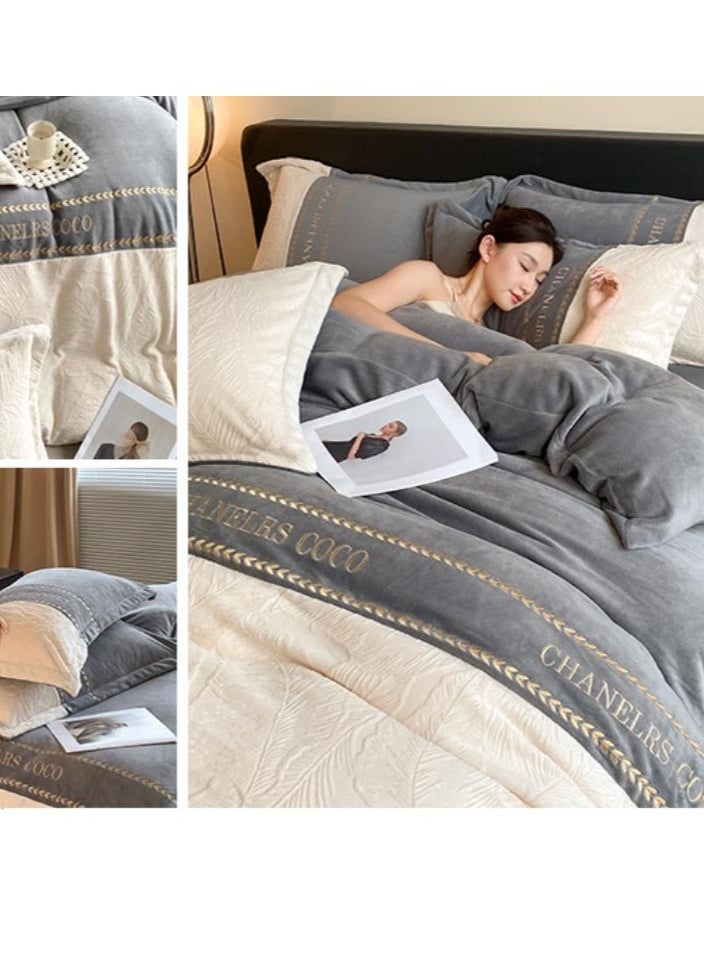 Fitted Sheet Style — ﻿ Carved Velvet Cloth Embroidered Wide Edge Milk Velvet Four Piece Bedding Set