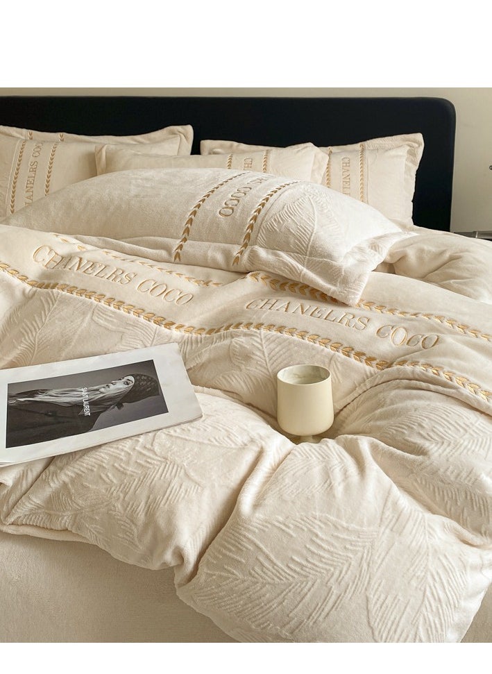 Bed Sheet Style — Carved Velvet Cloth Embroidered Wide Edge Milk Velvet Four Piece Bedding Set