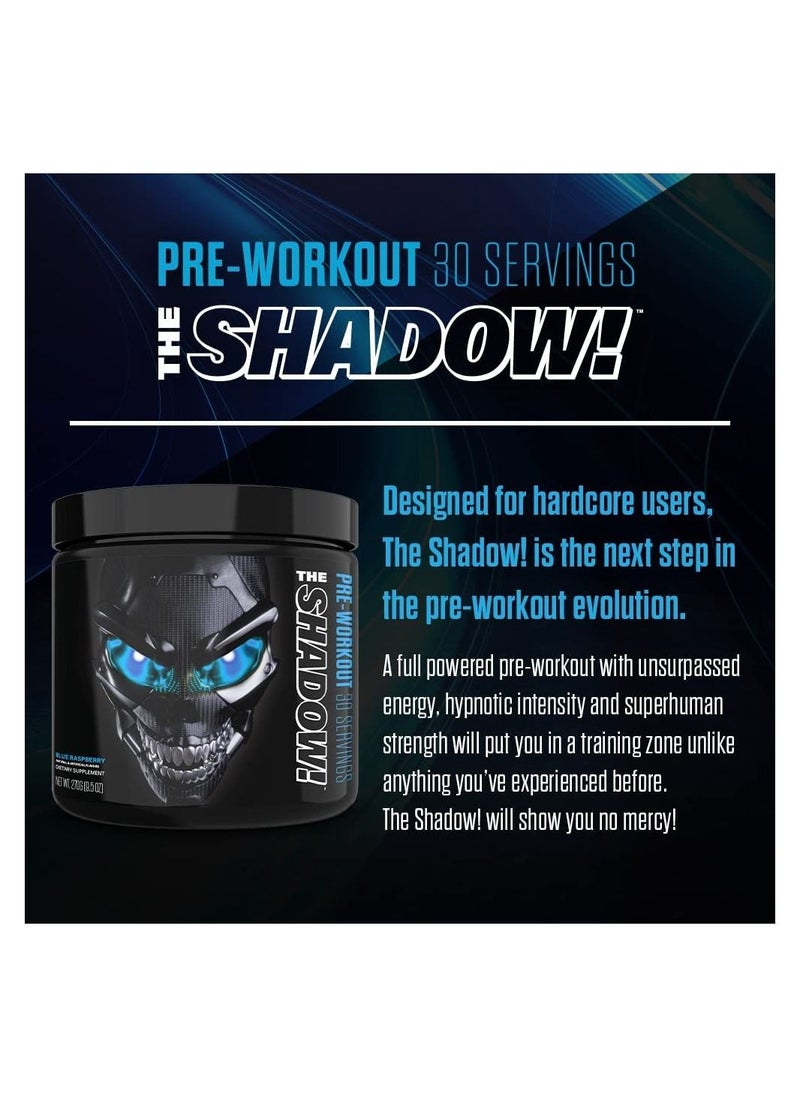 JNX SPORTS The Shadow! Hard Core Preworkout, A Better Pre Workout Stimulant,Electric Energy, Hypnotic Menta,Focus, Superhuman Strength, 350mg of Caffeine, Men & Women,Blue Raspberry ,30 Servings