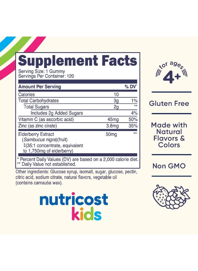 Kids Elderberry Gummies 50Mg With Zinc And Vitamin C 120 Gummies - Gluten Free, No Corn Syrup