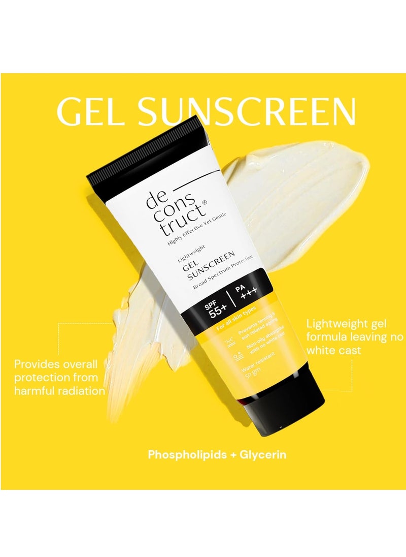 Deconstruct Daily Brightening Shield Trio: Gel sunscreen (50g) + Vitamin C Serum (30ml) + Brightening Lip Balm (4g) No White Cast, Lightweight & Higher protection than sunscreen SPF 50 (Pack of 3)