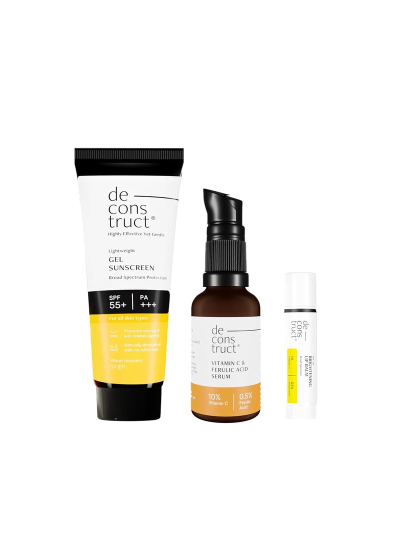 Deconstruct Daily Brightening Shield Trio: Gel sunscreen (50g) + Vitamin C Serum (30ml) + Brightening Lip Balm (4g) No White Cast, Lightweight & Higher protection than sunscreen SPF 50 (Pack of 3)