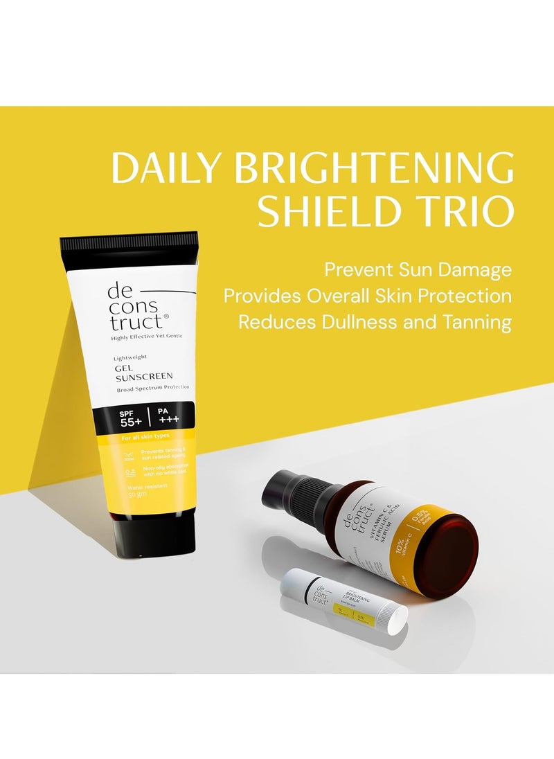 Deconstruct Daily Brightening Shield Trio: Gel sunscreen (50g) + Vitamin C Serum (30ml) + Brightening Lip Balm (4g) No White Cast, Lightweight & Higher protection than sunscreen SPF 50 (Pack of 3)
