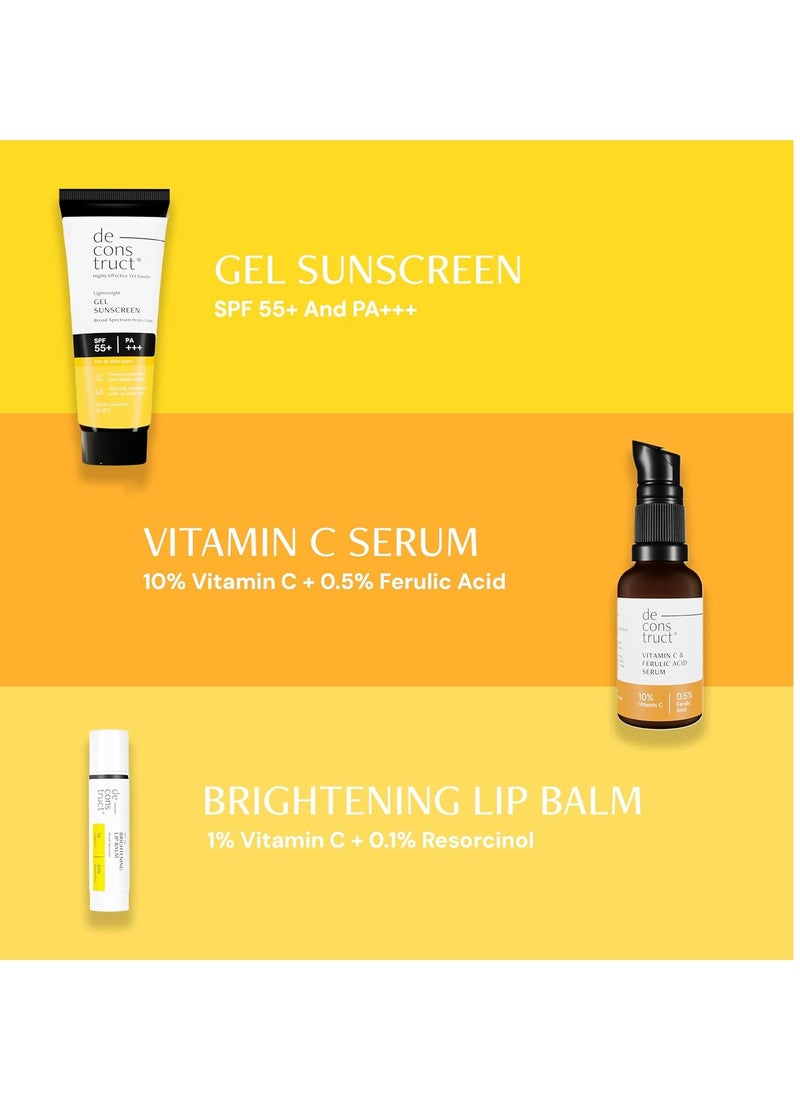 Deconstruct Daily Brightening Shield Trio: Gel sunscreen (50g) + Vitamin C Serum (30ml) + Brightening Lip Balm (4g) No White Cast, Lightweight & Higher protection than sunscreen SPF 50 (Pack of 3)