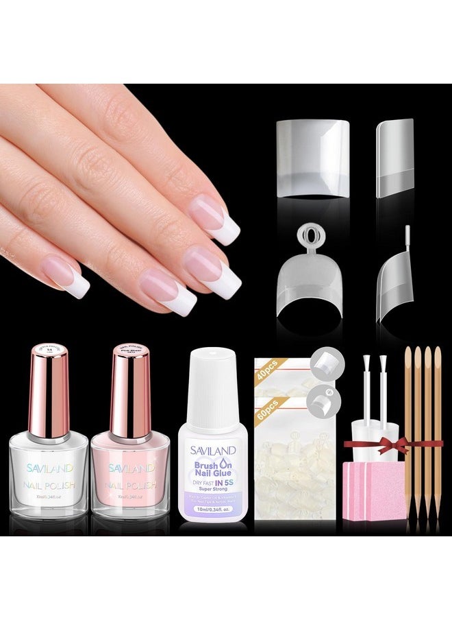 French Acrylic Nail Tips With Glue: 100Pcs Half Cover False Nail Tips French Short Fake Nails 5S Fast-Dry Nail Glue For Brush On Gel Nail Kit Top Polish Coat Acrylic Nail Kit For Beginner