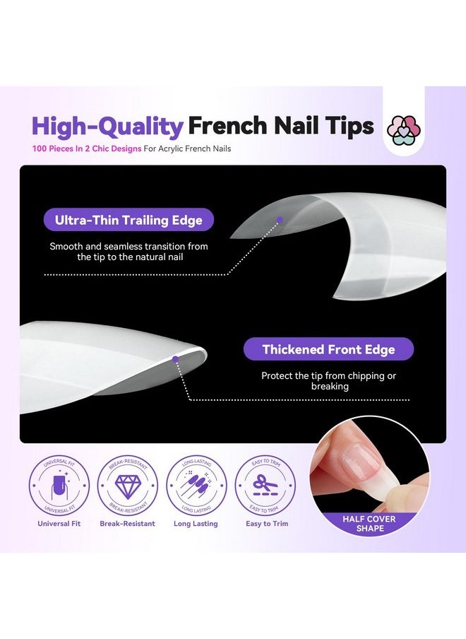 French Acrylic Nail Tips With Glue: 100Pcs Half Cover False Nail Tips French Short Fake Nails 5S Fast-Dry Nail Glue For Brush On Gel Nail Kit Top Polish Coat Acrylic Nail Kit For Beginner