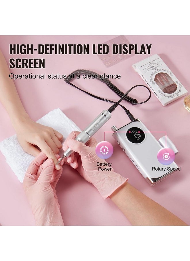 Electric Rechargeable Nail Drill, 40,000Rpm Portable Cordless Nail E File Machine, Lcd-Display Acrylic Gel Grinder Tool With 6 Bits And 50Pcs Sanding Bands For Manicure Pedicure Carve Polish