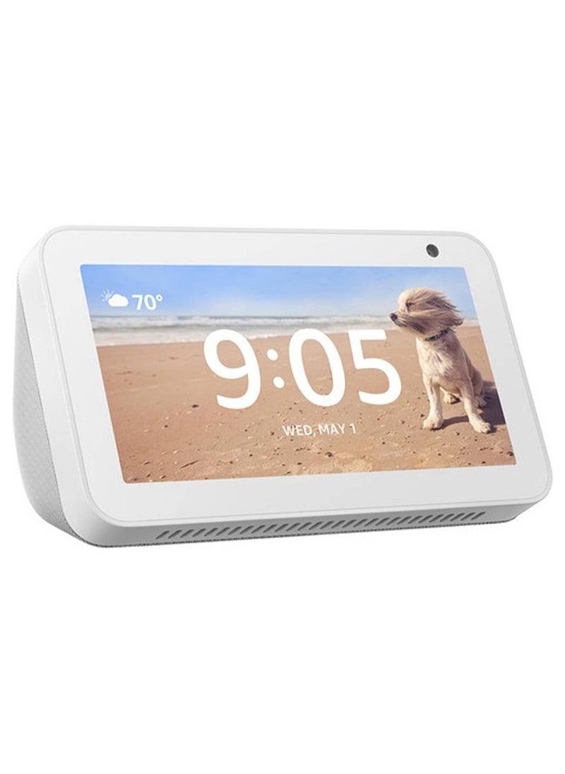 Echo Show 5 (2rd Gen, 2021 release)  Smart display & alarm clock with clearer sound  Use your voice to control smart home devices, play music or the Quran, & more (speaks Khaleeji)  White