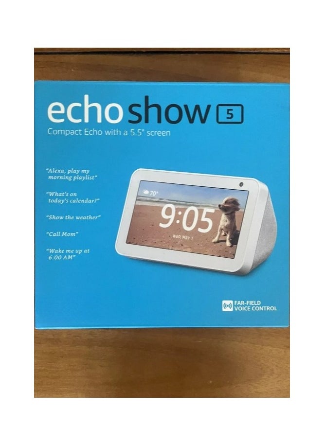 Echo Show 5 (2rd Gen, 2021 release)  Smart display & alarm clock with clearer sound  Use your voice to control smart home devices, play music or the Quran, & more (speaks Khaleeji)  White