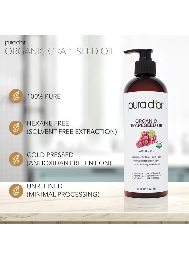 16 Oz Organic Grapeseed Oil - 100% Pure & Natural Usda Certified Cold Pressed Carrier Oil - Light & Silky, Unscented, Hexane Free Liquid Moisturizer - Face Skin & Hair - Men & Women