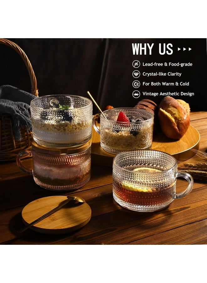 4 Pcs Vintage Coffee Mugs - 14Oz Clear Glass Tea Cups With Lids And Spoons - Ideal Iced Coffee Cups For Housewarming Gifts & Coffee Bar Accessories