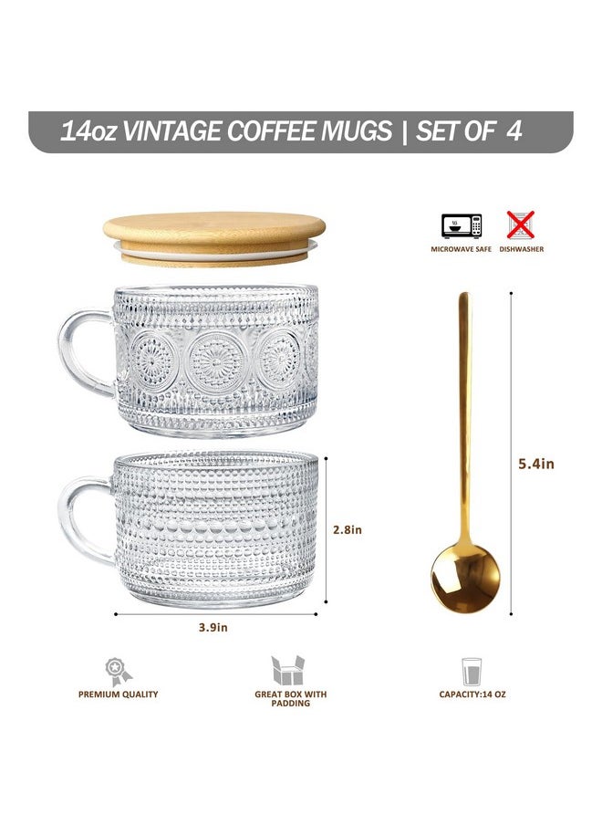 4 Pcs Vintage Coffee Mugs - 14Oz Clear Glass Tea Cups With Lids And Spoons - Ideal Iced Coffee Cups For Housewarming Gifts & Coffee Bar Accessories