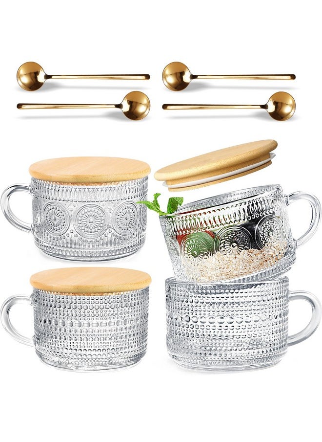 4 Pcs Vintage Coffee Mugs - 14Oz Clear Glass Tea Cups With Lids And Spoons - Ideal Iced Coffee Cups For Housewarming Gifts & Coffee Bar Accessories