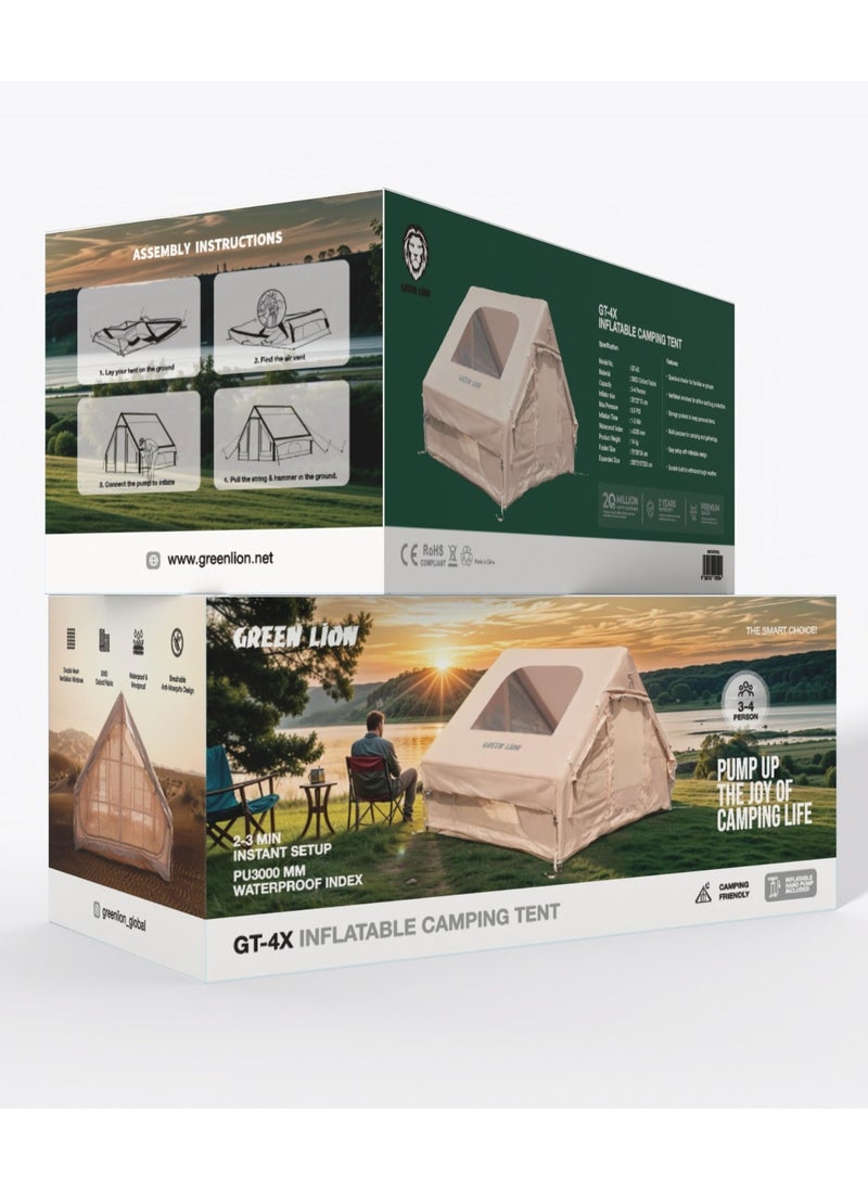 Inflatable Camping Tent GT-4X / Camping Friendly / Breathable Anti-Mosquito Design / Waterproof and Windproof / Durable Build / Instant Setup / Pump / Ventilated Windows / 3-4 Person - Beige