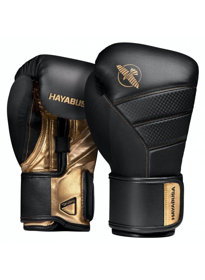 Hayabusa T3 Boxing Gloves for Men and Women Wrist and Knuckle Protection, Dual-X Hook and Loop Closure, Splinted Wrist Support, 5 Layer Foam Knuckle Padding - Black/Gold, 12 oz