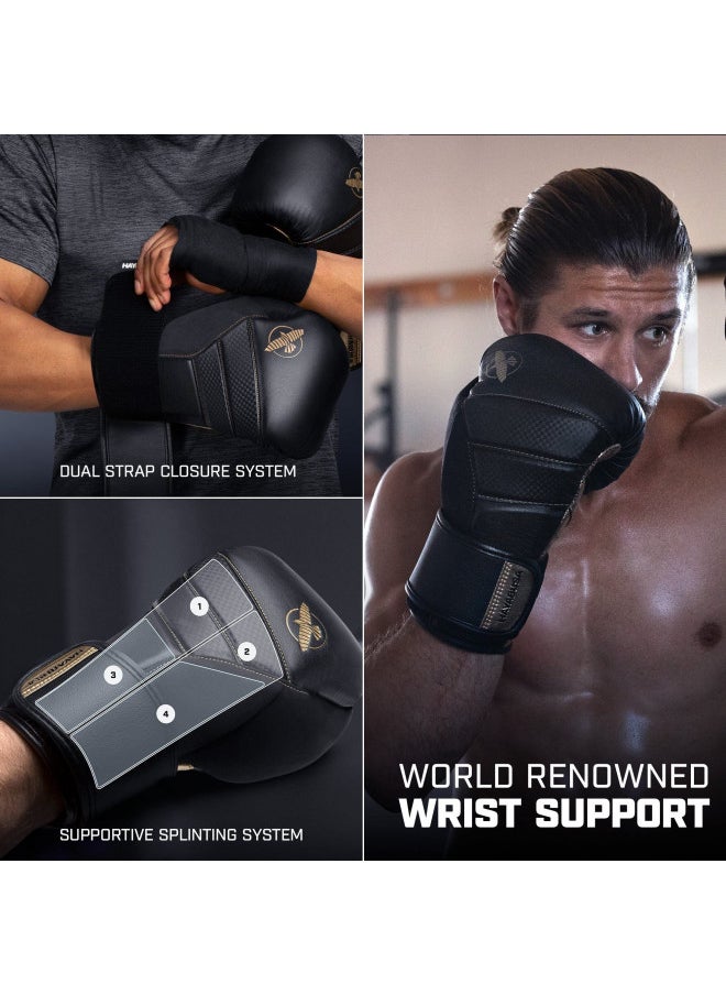 Hayabusa T3 Boxing Gloves for Men and Women Wrist and Knuckle Protection, Dual-X Hook and Loop Closure, Splinted Wrist Support, 5 Layer Foam Knuckle Padding - Black/Gold, 12 oz