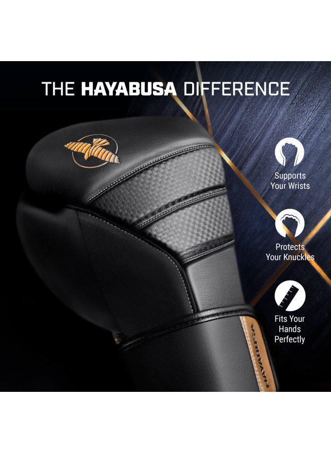 Hayabusa T3 Boxing Gloves for Men and Women Wrist and Knuckle Protection, Dual-X Hook and Loop Closure, Splinted Wrist Support, 5 Layer Foam Knuckle Padding - Black/Gold, 12 oz